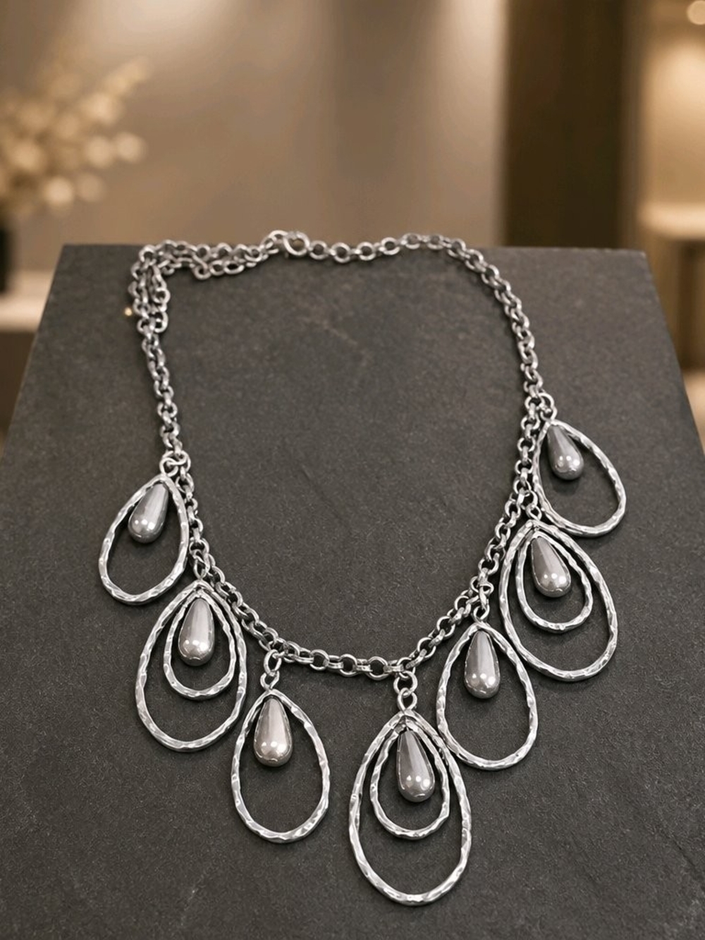 Silver Teardrop Layered Pendant Necklace - Women Jewelry
